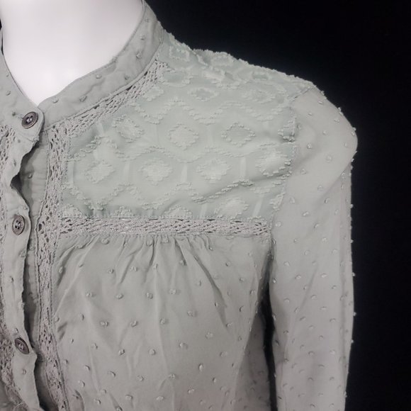 Paper & Crane Dot Fabric and Lace Button Up Blouse Sage Green Long Sleeve Sz. S - Picture 3 of 14